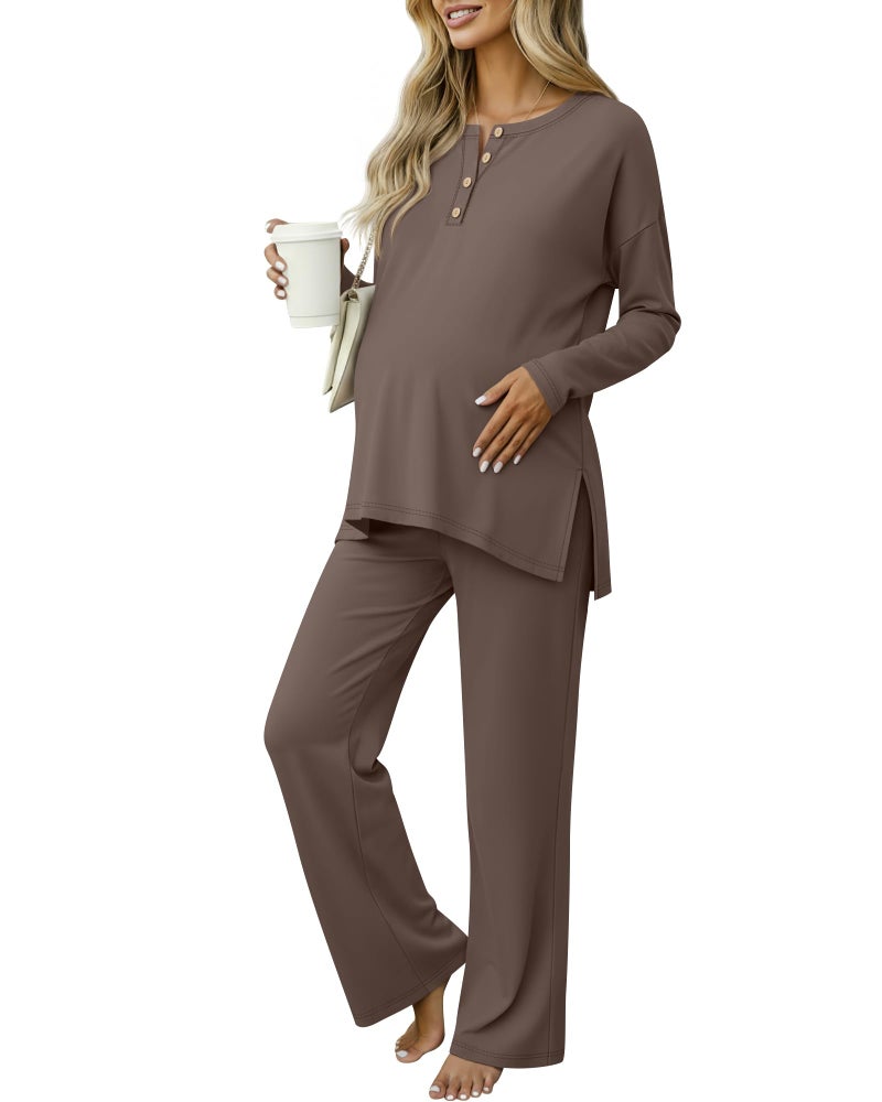 Yearntown Women's Maternity Pajamas Sets, Long Sleeve Pregnancy Postpartum Delivery Lounge Nursing Pjs with Pockets(Coffee,Large) - Image 1