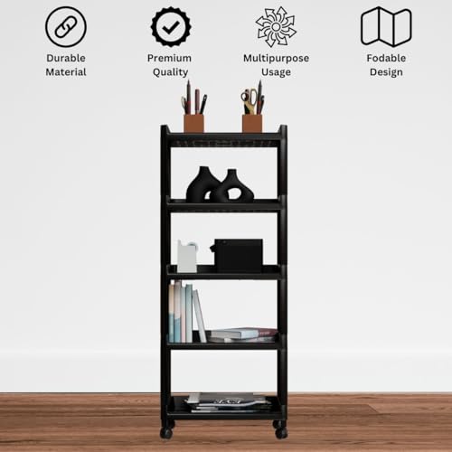 Biltoxi Plastic Multipurpose Storage Racks | 5 Shelfs Storage Organizer Racks for Home, Kitchen, Bathroom | Kitchen Trolley Rack with Wheels (Black) - Image 3