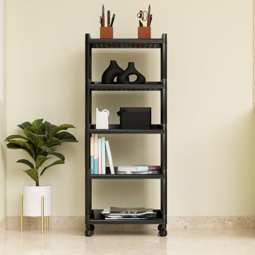 Biltoxi Plastic Multipurpose Storage Racks | 5 Shelfs Storage Organizer Racks for Home, Kitchen, Bathroom | Kitchen Trolley Rack with Wheels (Black) - Image 4