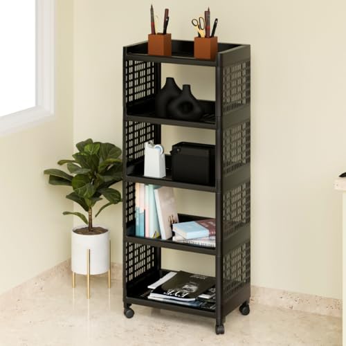 Biltoxi Plastic Multipurpose Storage Racks | 5 Shelfs Storage Organizer Racks for Home, Kitchen, Bathroom | Kitchen Trolley Rack with Wheels (Black) - Image 1