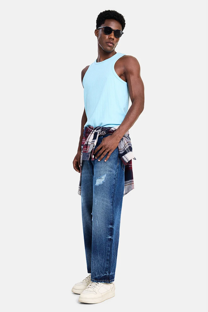 سنيتش Blue Solid Loose Fit Streetwear Jeans