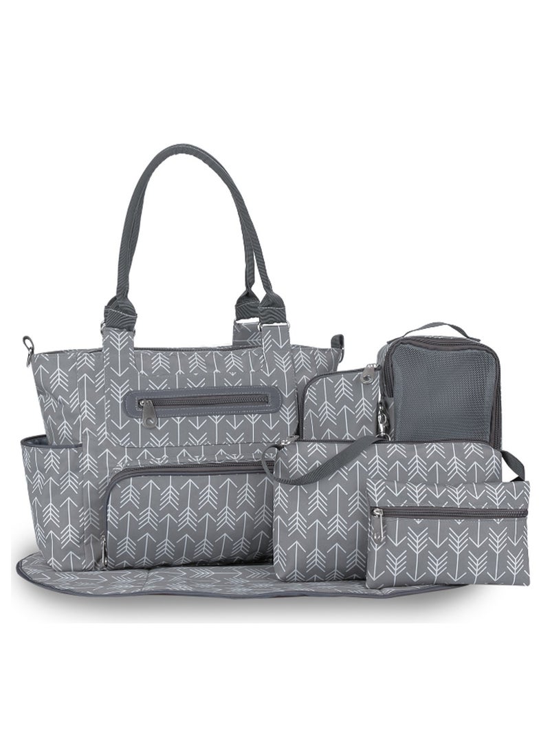 6 Piece Diaper Bag Set With Hooks And Changing Pad - Dark Grey - Image 1