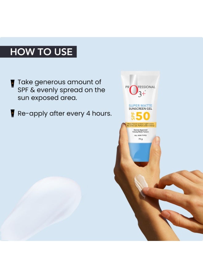 O3+ Super Matte Sunscreen Gel SPF 50 PA ++++ With Niacinamide & Hyaluronic acid Suitable for Normal, Oily and Acne Prone skin for Women and Men | 75g - Image 3