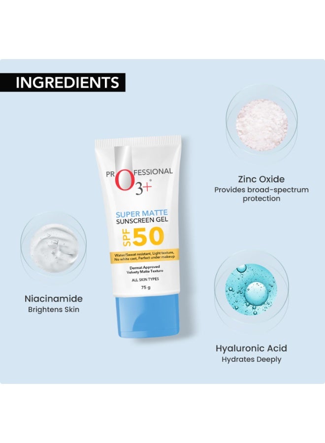 O3+ Super Matte Sunscreen Gel SPF 50 PA ++++ With Niacinamide & Hyaluronic acid Suitable for Normal, Oily and Acne Prone skin for Women and Men | 75g - Image 4