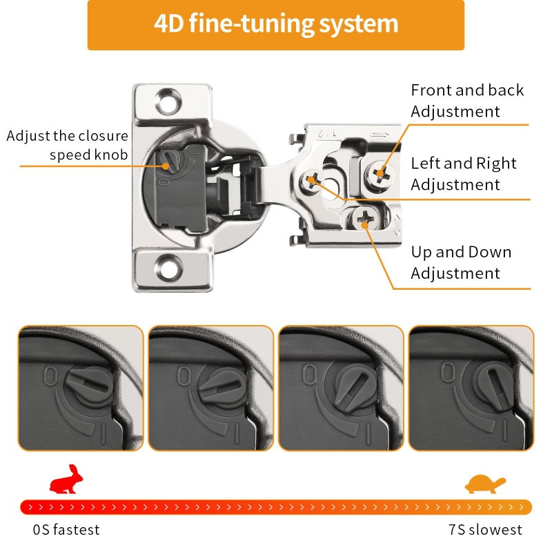 Chibery 10 Pack 1/2" Overlay 4D Soft Close Concealed Hinges for Face Frame Door, Adjustable Closing Speed, Smooth Slow Self Close Hinges, Satin Nickel, 105Â° Open Angle Stainless Steel Cabinet Hinges - Image 2