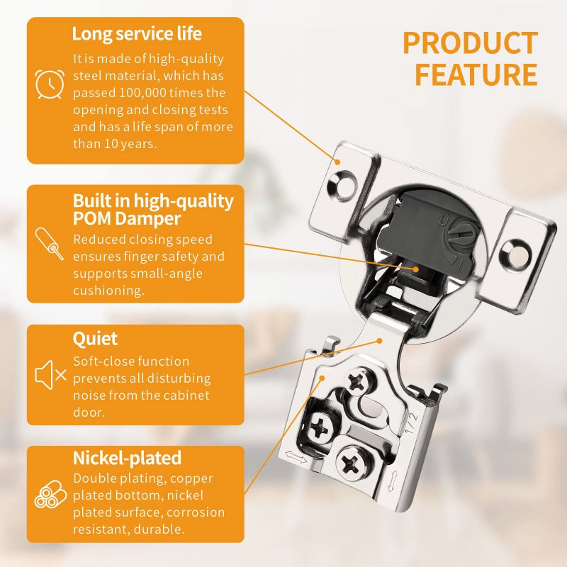 Chibery 10 Pack 1/2" Overlay 4D Soft Close Concealed Hinges for Face Frame Door, Adjustable Closing Speed, Smooth Slow Self Close Hinges, Satin Nickel, 105Â° Open Angle Stainless Steel Cabinet Hinges - Image 5