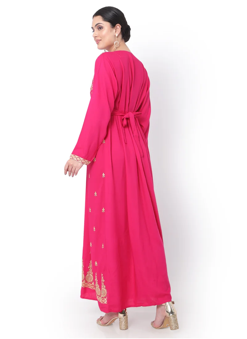 هانا آند سارا MODEST THICK EMBRODERED WITH LONG SLEEVES AND BELT PINK HIGH QUALITY STYLISH ARABIC KAFTAN JALABIYA DRESS