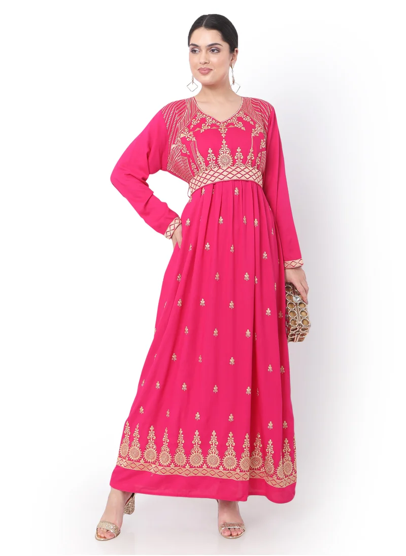 هانا آند سارا MODEST THICK EMBRODERED WITH LONG SLEEVES AND BELT PINK HIGH QUALITY STYLISH ARABIC KAFTAN JALABIYA DRESS