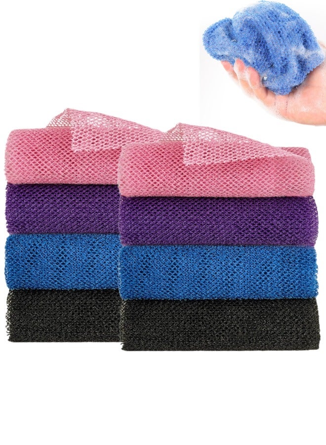 فَرَحُوم طقم إسفنج استحمام شبكي أفريقي مكون من 8 قطع، ليفة ناعمة لتقشير البشرة من النايلون، ليفة استحمام طويلة لتدليك الجسم، ليفة ظهر، وملطف للبشرة للاستخدام اليومي، بألوان الأسود والأزرق والوردي والبنفسجي. - Image 1