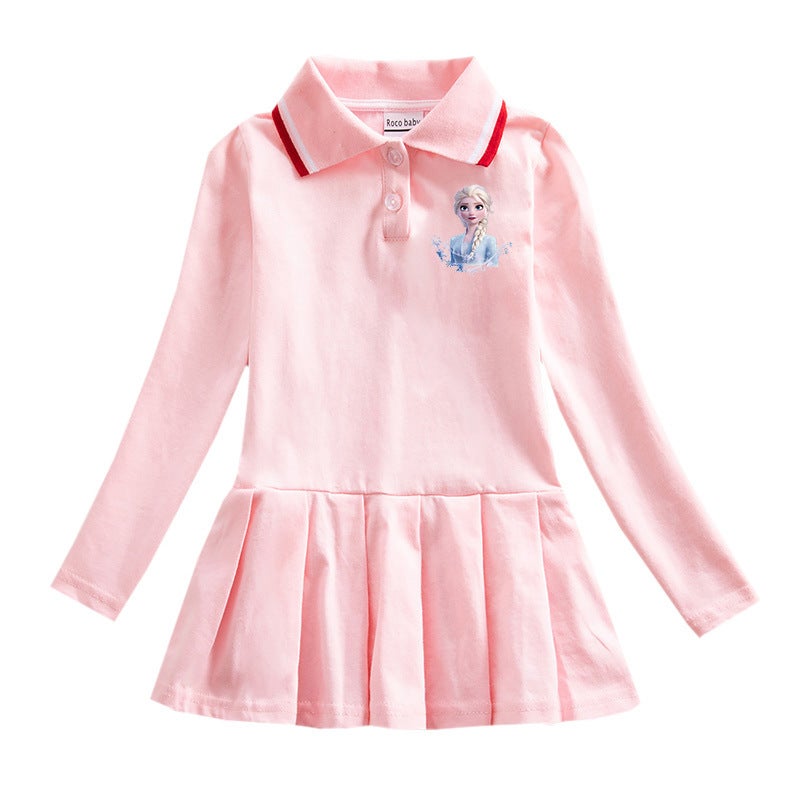 Polo Preppy Style Children'S Clothing Frozen Long Sleeve Children Dress Girl Baby Western Style Pleated Skirt - Image 3