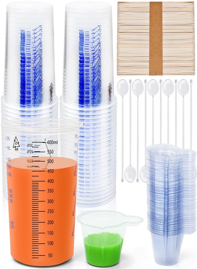 Artcome Mixing Cup Kit - 50 PC 20oz (600ml) Plastic Measuring Cups, 50 PC Wooden Mixing Sticks, 100 PC 40ml Disposable Small Cups, 10 PC Stirring Rods - Ideal for Epoxy Resin, Paint & Liquid Mixing - Image 1