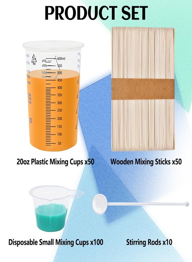 Artcome Mixing Cup Kit - 50 PC 20oz (600ml) Plastic Measuring Cups, 50 PC Wooden Mixing Sticks, 100 PC 40ml Disposable Small Cups, 10 PC Stirring Rods - Ideal for Epoxy Resin, Paint & Liquid Mixing - Image 2