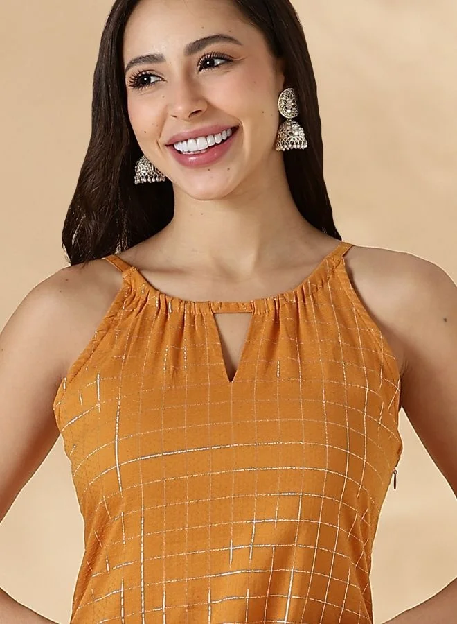 أبهشتي Mustard Halterneck Lurex Kurta with Straight Pants