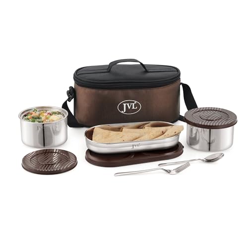 JVL Trixo Stainless Steel Lunch Box Set of 2 Double Walled Insulated Leak-Proof Containers (300ml) & Capsule Container (475ml) with Insulated Bag & Cutlery, Ideal for Office, School & Travel (Trixo-4) - Image 1