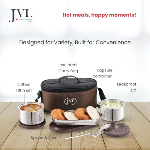 JVL Trixo Stainless Steel Lunch Box Set of 2 Double Walled Insulated Leak-Proof Containers (300ml) & Capsule Container (475ml) with Insulated Bag & Cutlery, Ideal for Office, School & Travel (Trixo-4) - Image 4