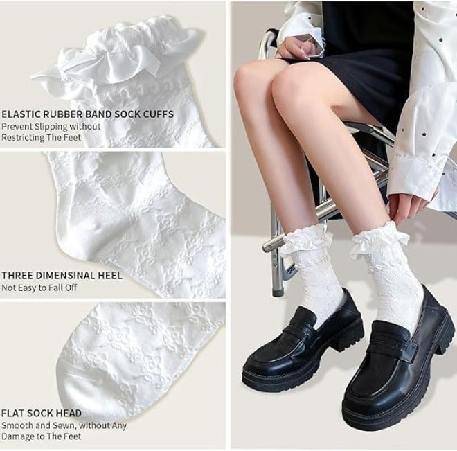 HZYH 3 Pcs Women Lace Ruffle Ankle Socks, Cotton Frilly Lettuce Edge Crew Socks for Girls Ladies, Cute Lolita Style Breathable Knit Socks for Dresses Skirts - Image 4