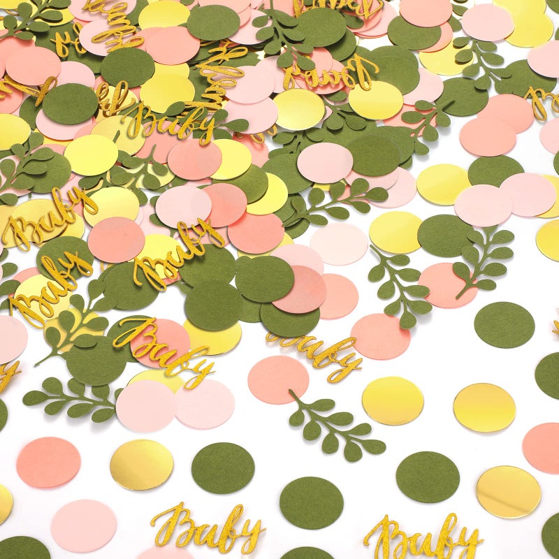 Minatee 400 Pcs Sage Olive Green Baby Shower Confetti Scatter Decorations Peach Blush Pink Table Confetti Dots with Eucalyptus and Gold Baby Scatter for Gender Reveal Decor - Image 1