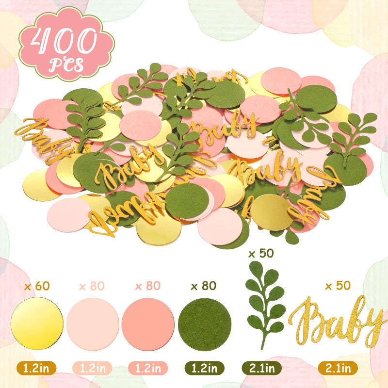 Minatee 400 Pcs Sage Olive Green Baby Shower Confetti Scatter Decorations Peach Blush Pink Table Confetti Dots with Eucalyptus and Gold Baby Scatter for Gender Reveal Decor - Image 2