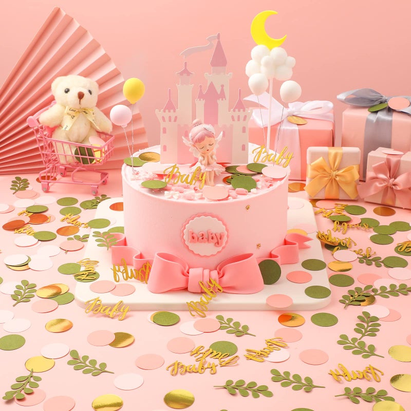 Minatee 400 Pcs Sage Olive Green Baby Shower Confetti Scatter Decorations Peach Blush Pink Table Confetti Dots with Eucalyptus and Gold Baby Scatter for Gender Reveal Decor - Image 3