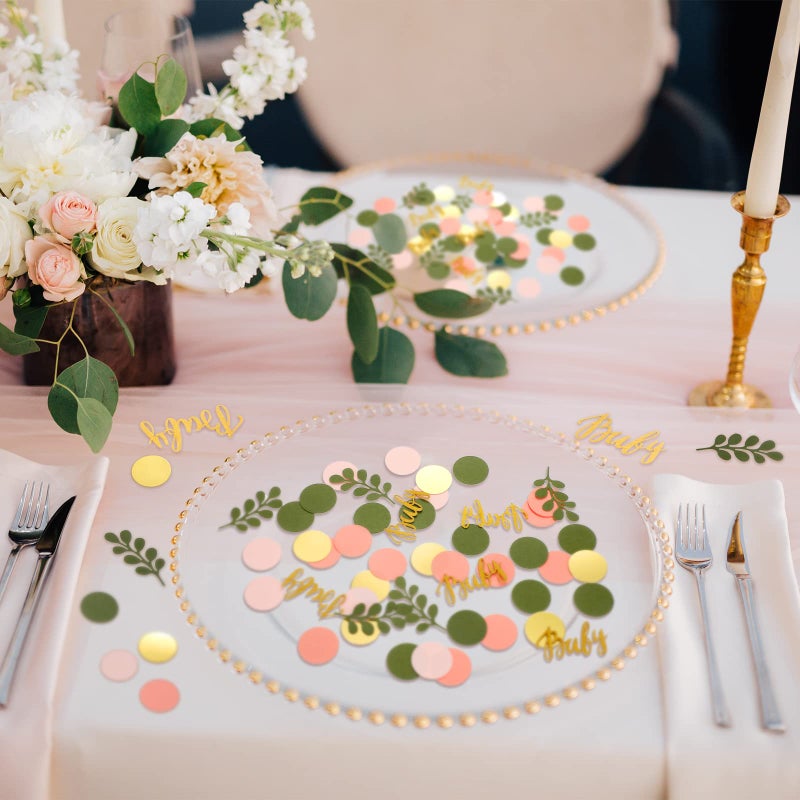 Minatee 400 Pcs Sage Olive Green Baby Shower Confetti Scatter Decorations Peach Blush Pink Table Confetti Dots with Eucalyptus and Gold Baby Scatter for Gender Reveal Decor - Image 5