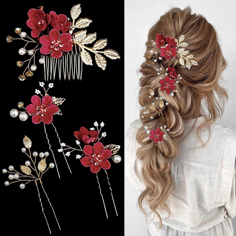 LAPOHI 4 PCS Bridal Hair Pins with Crystal Pearl, Rhinestone Updo Headpiece for Brides, Bridesmaids, and Women - Gold Wedding Jewelry Accessories(Red) - Image 1