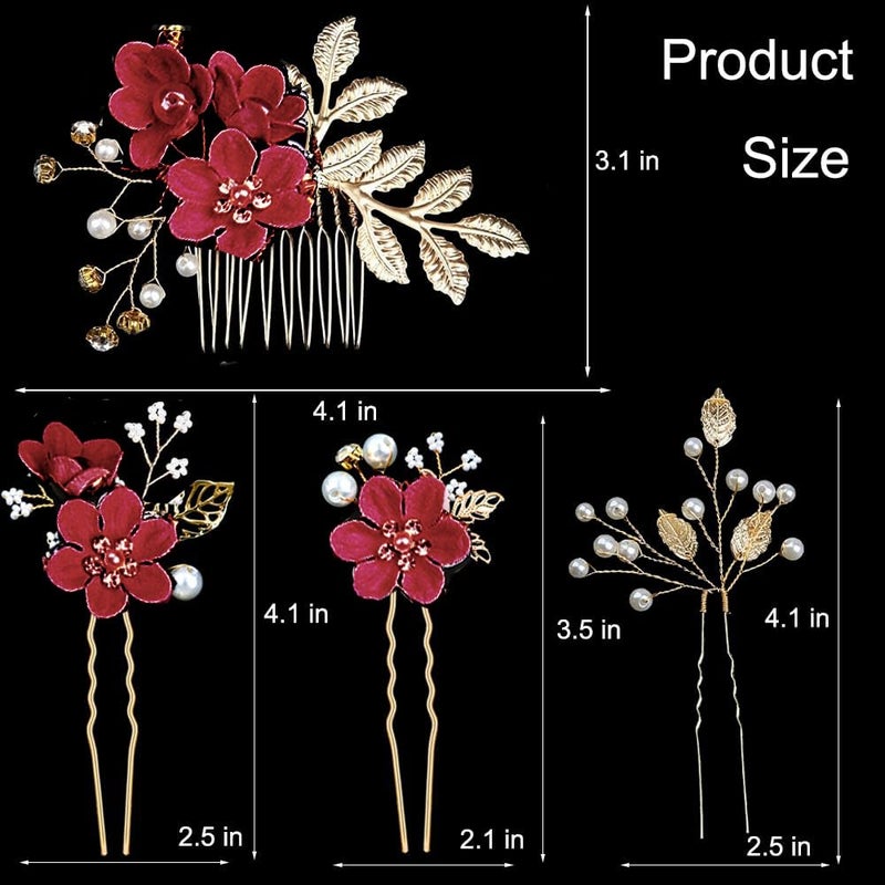 LAPOHI 4 PCS Bridal Hair Pins with Crystal Pearl, Rhinestone Updo Headpiece for Brides, Bridesmaids, and Women - Gold Wedding Jewelry Accessories(Red) - Image 2
