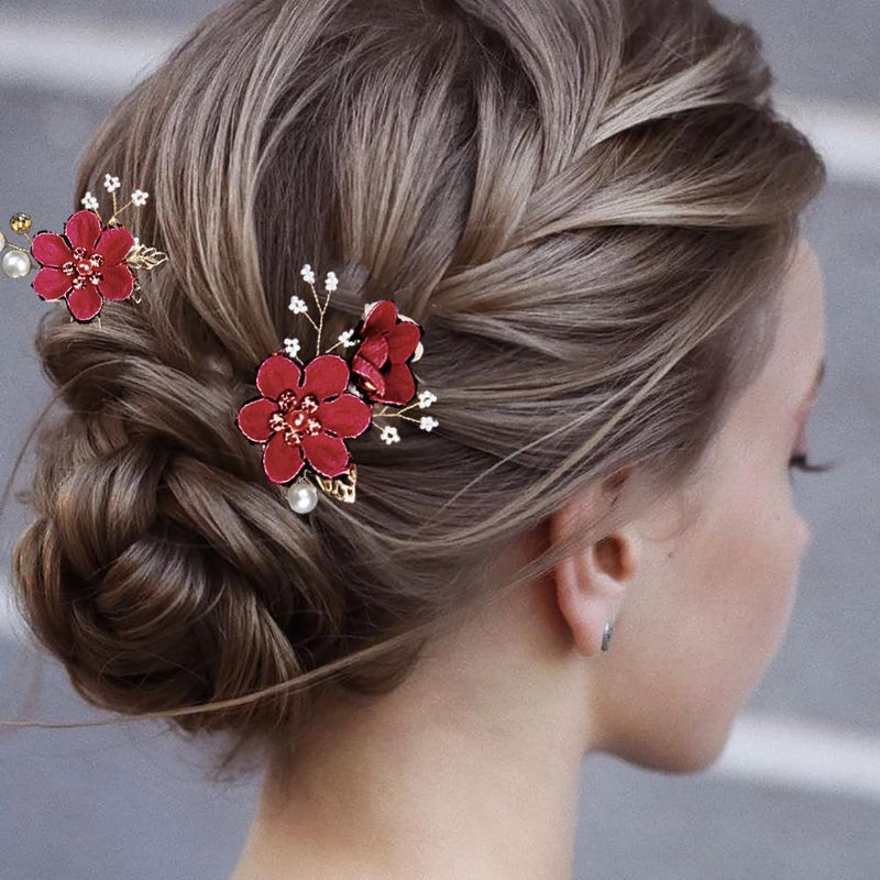 LAPOHI 4 PCS Bridal Hair Pins with Crystal Pearl, Rhinestone Updo Headpiece for Brides, Bridesmaids, and Women - Gold Wedding Jewelry Accessories(Red) - Image 3