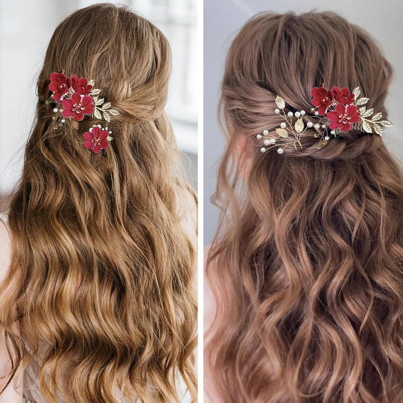 LAPOHI 4 PCS Bridal Hair Pins with Crystal Pearl, Rhinestone Updo Headpiece for Brides, Bridesmaids, and Women - Gold Wedding Jewelry Accessories(Red) - Image 4