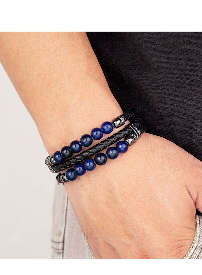 YL 4 Layers Stone Beaded Leather Bracelet Braided Wristband - Image 3