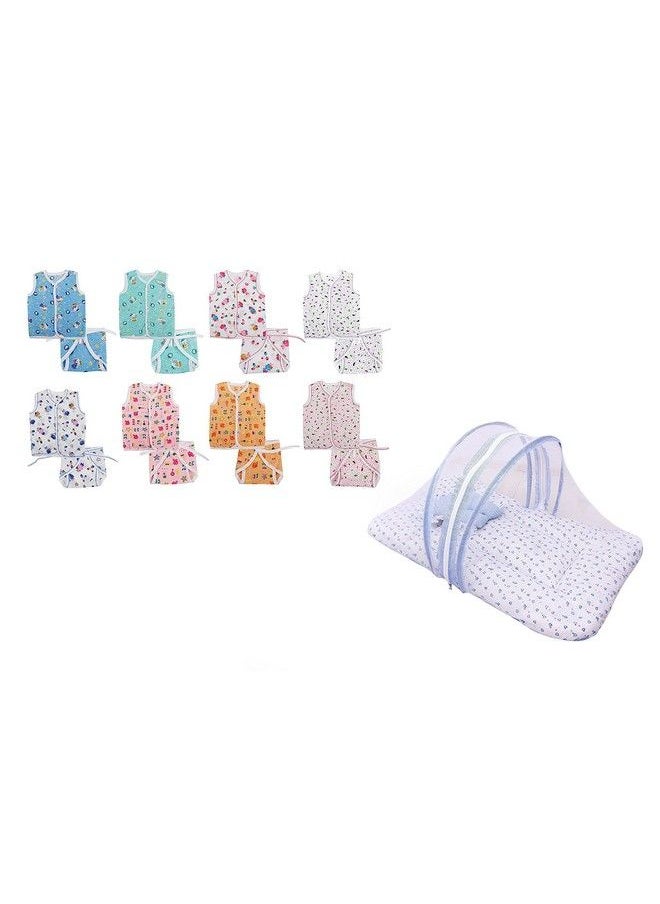 FARETO - New Born Baby'S Mosquito Net Bed Mattress (Size L 32 Inches B 18 Inches) And 8 Jhabla;Vest With 8 Single Layer Nappies Combo 0 6 Months Size L 12Inches B 10 Inches Multi - Image 1