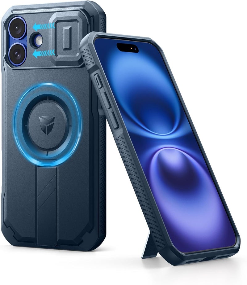 ديكسنور حافظة لهاتف iPhone 16 Plus مع غطاء كاميرا منزلق وحامل قابل للتعديل، حافظة متينة مقاومة للصدمات مع حماية مغناطيسية ثقيلة، أزرق بحري - Image 1