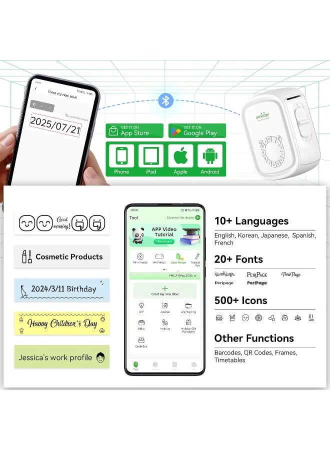 بيري بيدج طابعة ملصقات محمولة PeriPage P10 Pro – طابعة ملصقات لاسلكية بتقنية Bluetooth مع شريط لاصق، قوالب متعددة، سهلة الاستخدام لتنظيم المكتب والمنزل، قابلة لإعادة الشحن عبر USB، باللون الأبيض. - Image 4