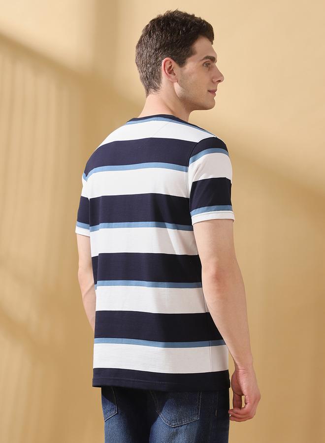 Dennis Lingo Men's Navy Blazer Cotton Blend Striped Regular Fit T-Shirt  - Image 3