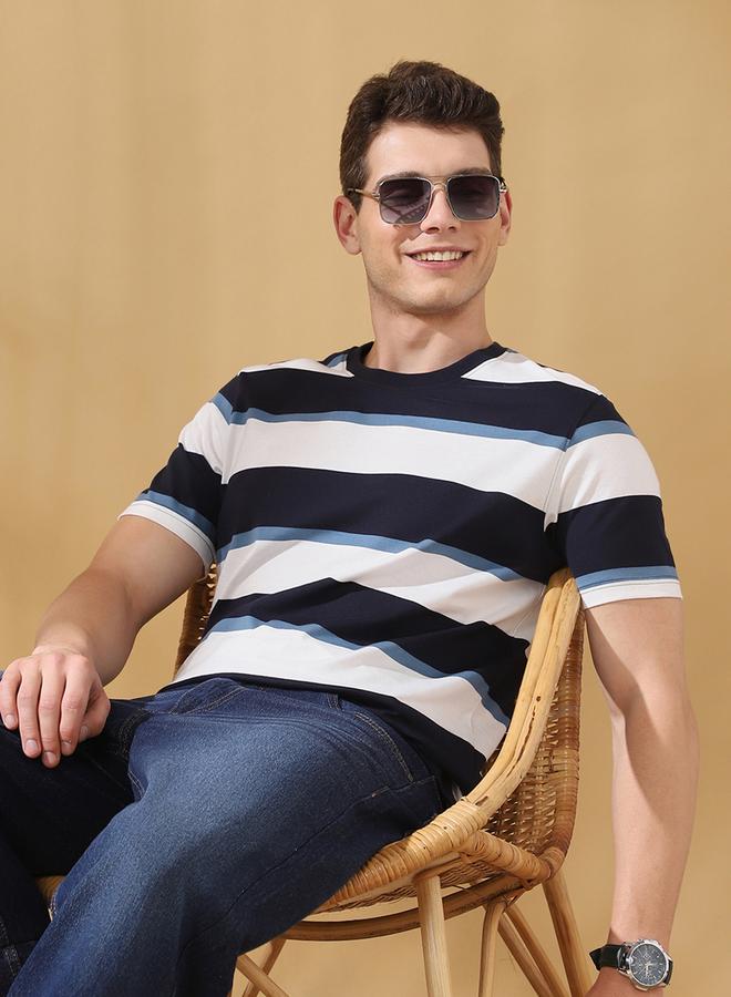 Dennis Lingo Men's Navy Blazer Cotton Blend Striped Regular Fit T-Shirt  - Image 1