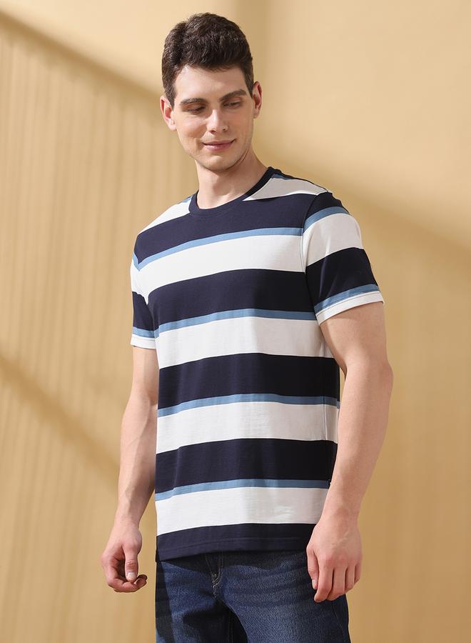 Dennis Lingo Men's Navy Blazer Cotton Blend Striped Regular Fit T-Shirt  - Image 2