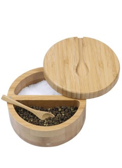 Y&D Bamboo Salt and Pepper Bowl Box Cellar Container, Built-in Serving Spoon to Avoid Dust, Swivel Lid with Magnetic Keep Dry, Mini Built into Top, Bath Sea Spice Seasoning Holder  - Image 1