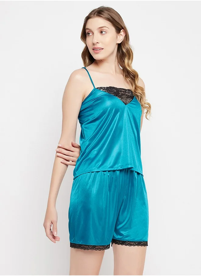 Clovia Clovia Chic Basic Cami Top & Shorts Set in Sky Blue - Satin