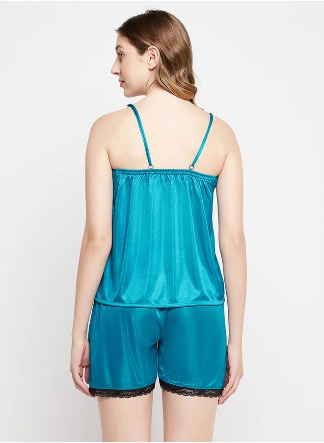 Clovia Clovia Chic Basic Cami Top & Shorts Set in Sky Blue - Satin