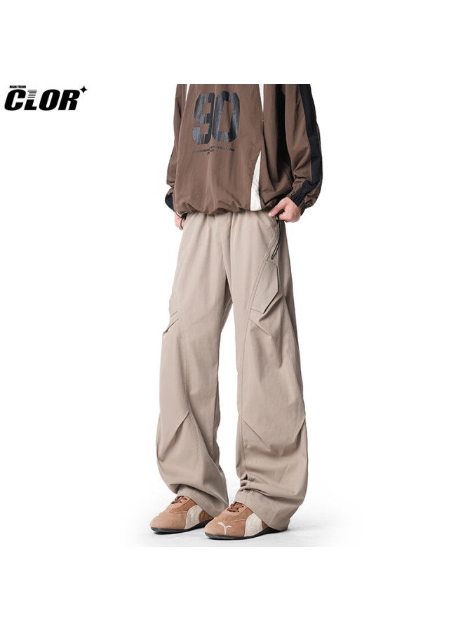 Clor Men's American Style Pleated Pants Spring Autumn Loose Casual Breathable Sports Cargo Pants Cl94 Khaki 3XL - Image 1