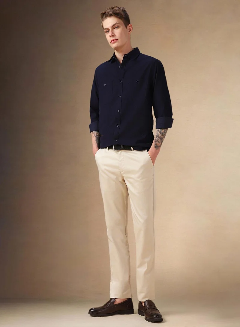 Dennis Lingo Men's Navy 100% Cotton Solid Button Down Relaxed Fit Shirt