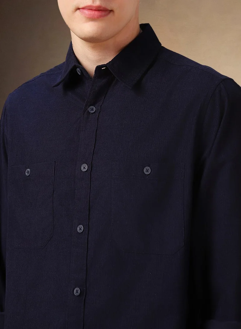 Dennis Lingo Men's Navy 100% Cotton Solid Button Down Relaxed Fit Shirt
