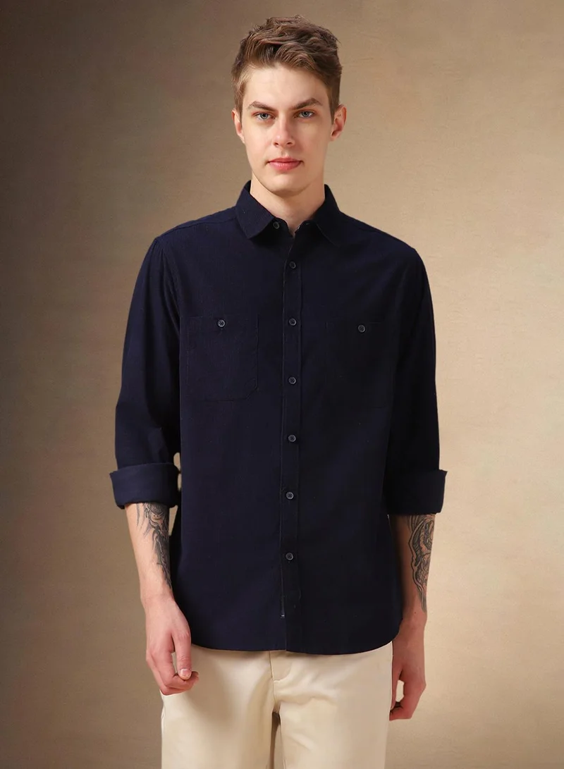 Dennis Lingo Men's Navy 100% Cotton Solid Button Down Relaxed Fit Shirt