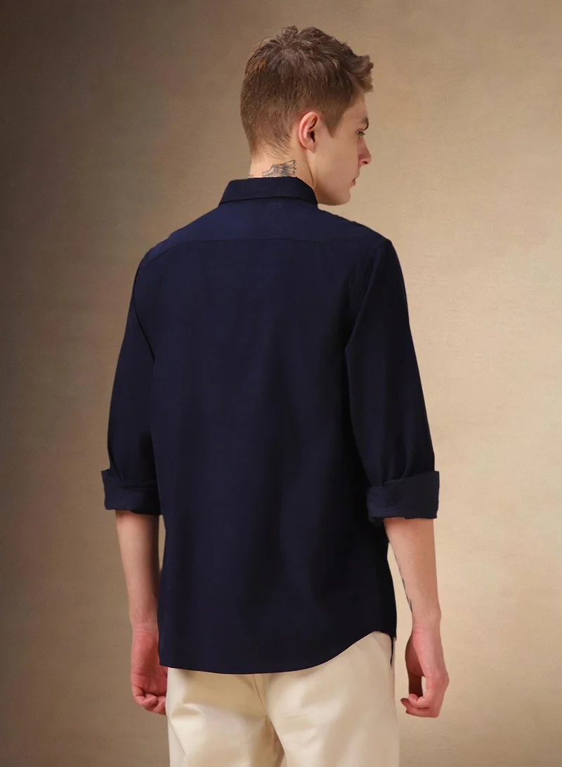 Dennis Lingo Men's Navy 100% Cotton Solid Button Down Relaxed Fit Shirt