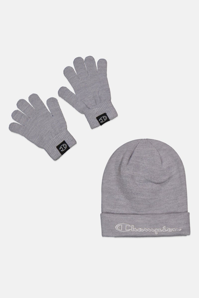 Champion Men 2 Pieces Brand Logo Beanie And Gloves Set, Grey  - Image 1