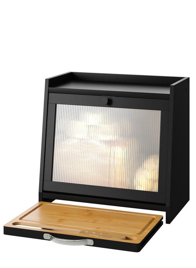 kiplant Bread Box for Kitchen Counter, Bamboo Bread Storage Container with Wavy Arcylic Transparent Door, Bamboo Wooden Farmhouse Bread Box for Your House (Black + Cutting Board) - Image 1