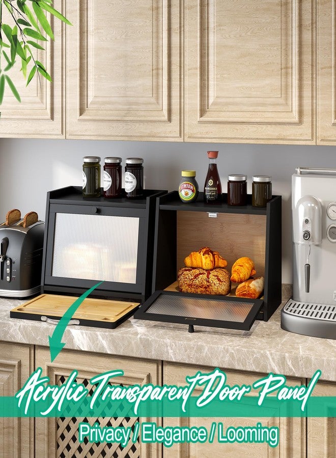 kiplant Bread Box for Kitchen Counter, Bamboo Bread Storage Container with Wavy Arcylic Transparent Door, Bamboo Wooden Farmhouse Bread Box for Your House (Black + Cutting Board) - Image 2