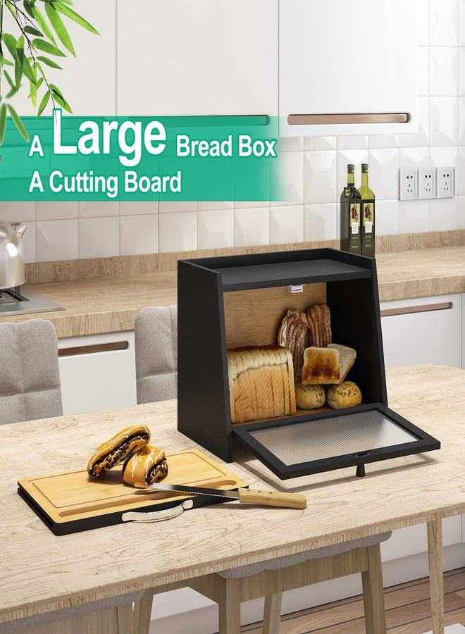 kiplant Bread Box for Kitchen Counter, Bamboo Bread Storage Container with Wavy Arcylic Transparent Door, Bamboo Wooden Farmhouse Bread Box for Your House (Black + Cutting Board) - Image 3