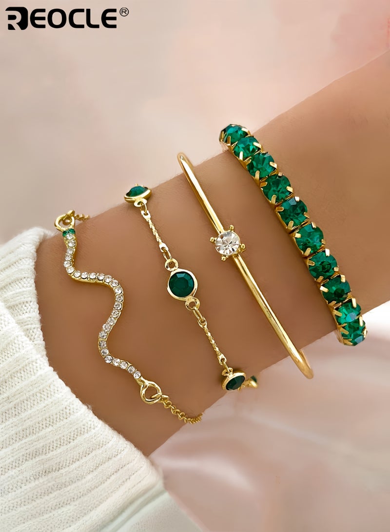 ريوكل 4 قطع المرأة أنيقة تقليد الأحجار الكريمة حجر الراين مخلب سلسلة ثعبان سوار مفتوح للنساء مع تناسب قابل للتعديل للحفلات والملابس اليومية - Image 1