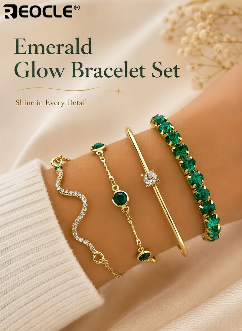 REOCLE 4PCS Women's Elegant Imitation Gemstone Rhinestone Claw Chain Snake Bracelet Open Bangle for Women with Adjustable Fit for Party and Daily Wear - Image 1