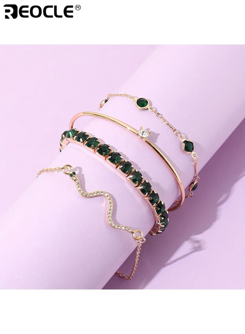 REOCLE 4PCS Women's Elegant Imitation Gemstone Rhinestone Claw Chain Snake Bracelet Open Bangle for Women with Adjustable Fit for Party and Daily Wear - Image 4